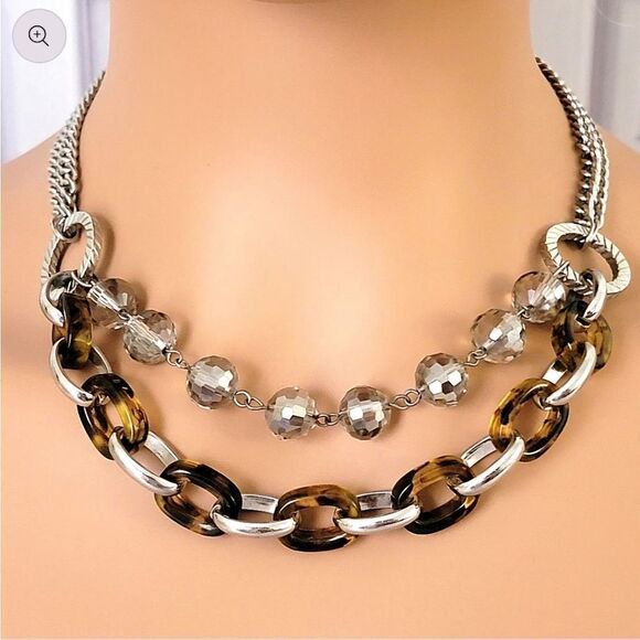 Tortoise Link and Silver Faceted Glass Necklace by Loft 19"-21" - Picture 3 of 10